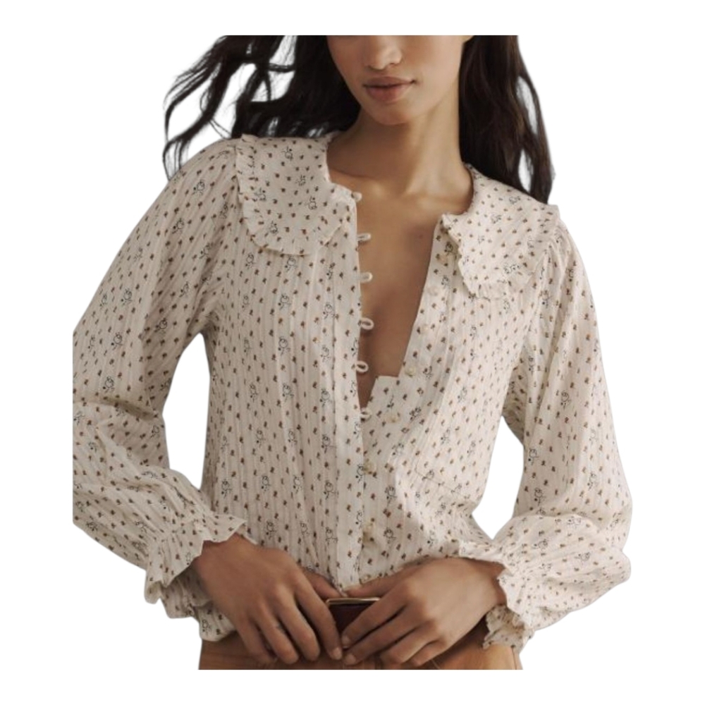 Anthropologie Cream Floral Button-Front Blouse